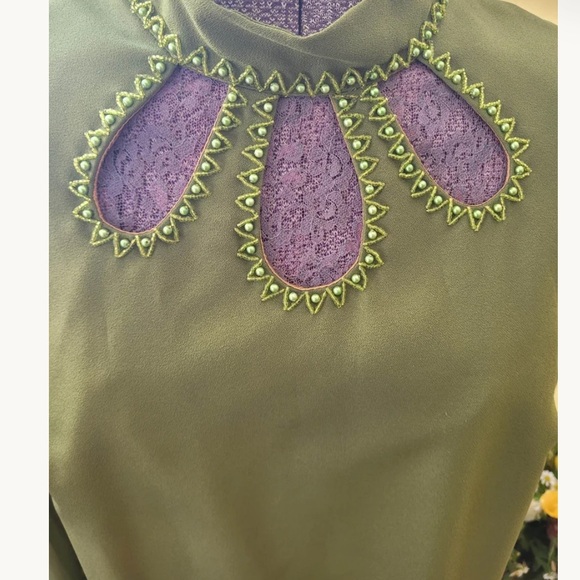 Embellished Olive Green Long Sleeve Shift Dress - Picture 3 of 7